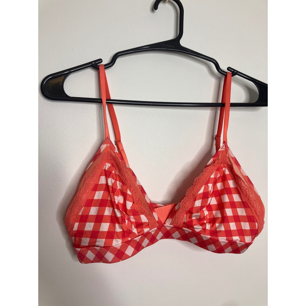 Aerie Bralette Women Medium Red Gingham Excellent Lace Trim Mesh Lined